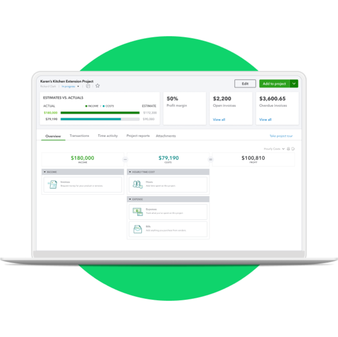 A laptop shows how QuickBooks Online Advanced displays info around projects and actual vs estimated income and costs.